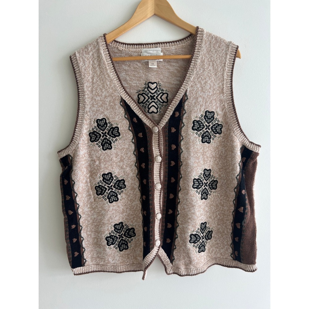 CJ Banks 1X Oatmeal Hand Embroidered Heart Knit Vest Cottagecore Coquette